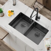Attop Attop Handmade Nano Black Stainless Steel Scratch-resistant 32 Inch Double Bowls Undermount Kitchen Sink With Strainer BK-5050-3218-UM New in Box $399