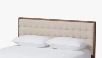 Corrigan Studios Soloman Mid-Century Modern Light Beige Fabric and Walnut Brown Finished Wood Queen Size Headboard New in Box $699
