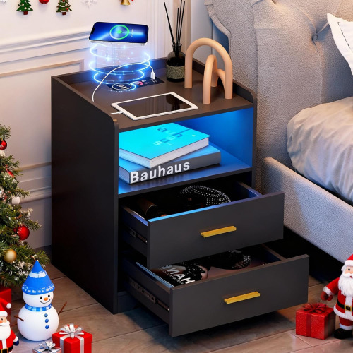 Hasuit Night Stand with LED Lights and Charging Station, Modern Bedside End Table with 2 Storage Drawers, Black Nightstands for Bedroom Similar to Picture New Shelf Pull $199
