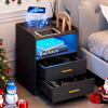 Hasuit Night Stand with LED Lights and Charging Station, Modern Bedside End Table with 2 Storage Drawers, Black Nightstands for Bedroom Similar to Picture New Shelf Pull $199