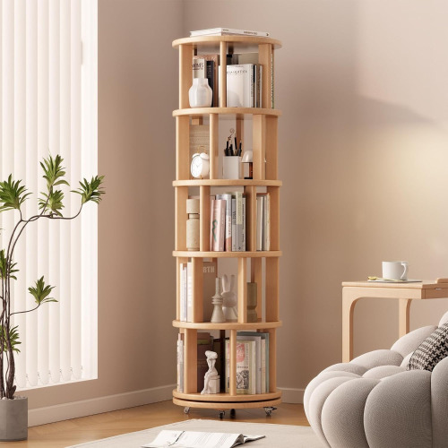 Ebern Designs 360&deg; Rotating Solid Wood Bookshelf, Equipped with Brake Wheels, Allowing for Flexible Adjustment $299