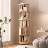 Ebern Designs 360&deg; Rotating Solid Wood Bookshelf, Equipped with Brake Wheels, Allowing for Flexible Adjustment $299