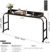 HWB Over Bed Desk with LED Light, Wheels & Charging Station, Black | Auto-sensor 3 Color LED light, Adjustable height, Smooth rolling wheels New in Box $299