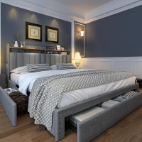 EnHomee Queen Size Bed Frame with 3 Storage Drawers & 2-Tier Upholstered Headboard, Platform Queen Bed Frame with Wooden Slats Support, No Box Spring Needed,Dark Grey New in Box $299