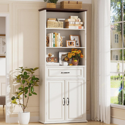 Cyclysio 80" Tall Bookcase, Farmhouse Bookshelves with Drawer and Doors, Floor Standing 6 Shelf Display Storage Cabinet in White/Brown New in Box $299