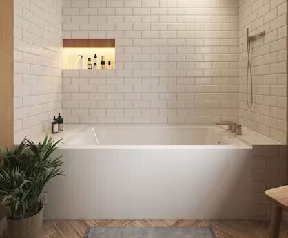 Wyndham Collection Grayley 60 in. L x 32 in. W Acrylic Right Hand Drain Rectangular Alcove Bathtub in White with Brushed Nickel Trim New Floor Model $799