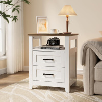 Decofy Farmhouse Nightstand with Charging Station, Modern End Tables with 2 Drawers & Open Shelf, Outlets, USB Ports and Type-C Ports, Wood Rustic Nightstands for Bedroom (1 Pack, Pure White + Walnut) New In Box $199