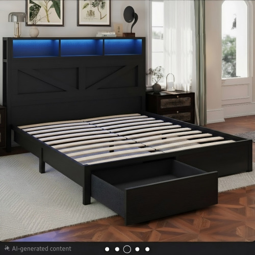 Ivy Bronx Farmhouse Bed Frame with LED Charged Bookcase Headboard and Storage Drawers, No Box Spring Needed, Full Size, Black, New in Box $499