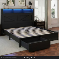 Ivy Bronx Farmhouse Bed Frame with LED Charged Bookcase Headboard and Storage Drawers, No Box Spring Needed, Full Size, Black, New in Box $499