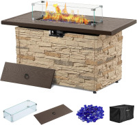 PIZZELLO 43 Inch Propane Fire Pit Table Outdoor Stone Firepit Table Rectangular 50000 BTU Gas Firepits for Outside Patio with Wind Guard, Table Lid, Fire Beads, Cover, Pizzello Caldo (Buff) New in Box $599