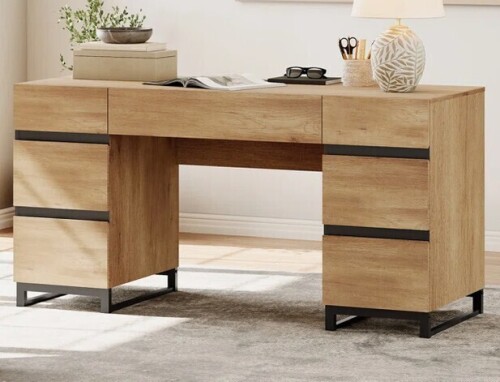 Latitude Run Aadam 59" Modern Executive Desk With Drawers, Wood Computer Writing Desk With Charging Station, Office Desk With File Drawer, New in Box $799