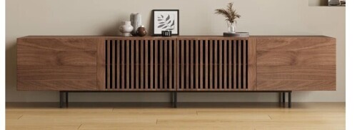 Latitude Run Kleitos 70.87 Inch Modern Wood TV Stand for 75 Inch TV Slatted Media Console Entertainment Center with Storage Walnut New in Box $599