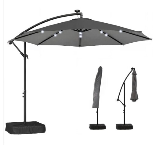Outsunny 10 ft Cantilever Patio Umbrella with Light, Weight, Offset Hanging Outdoor Umbrella with Protective Cover, Dark Gray $299