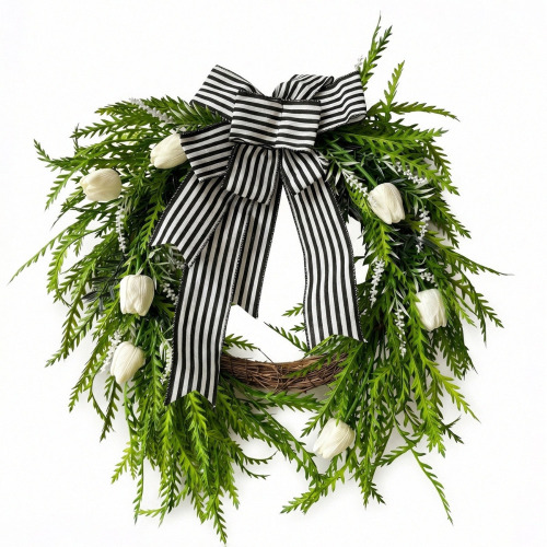 The Holiday Aisle&reg; 21.6" Modern Farmhouse White Tulip Wreath With Black & White Striped Bow For All Seasons / he Holiday Aisle&reg; 20 Inch Patriotic Artificial Berry Wreath Features a Rustic Grapevine Base Red/White/Blue New Assorted $199