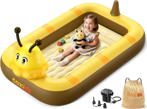 CoziBB Inflatable Toddler Travel Bed, Portable Travel Bed with Flocked Mattress, Built-in Pillow & Carry Bag, 4 Side Safety Bumpers for Toddlers-Cute Bee New In Box $99