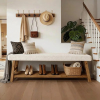 Millwood Pines 55" 2-Tier Modern Upholstered Entryway Bench, Solid Wood Shoe Bench with Cushion, End of Bed Seating, White/Brown, New in Box $299
