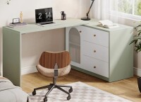 Ebern Designs Rebacca L-Shaped Computer Desk, Corner Home Office Desk With Drawer Cabinet in Green New in Box $499
