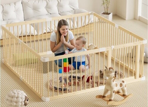 Homlux Large Wooden Baby Playpen & Baby Gate With Door, Safe Play Area Kids Activity Center New in Box $299