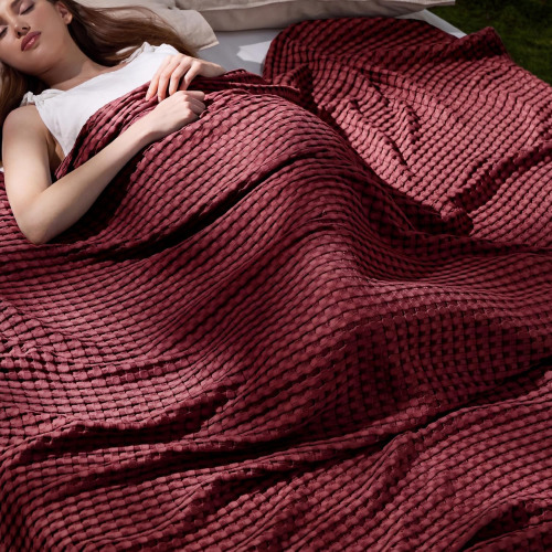Bedsure Cooling Cotton Waffle King Size Blanket - Lightweight Breathable Blanket of Rayon Derived from Bamboo for Hot Sleepers, Luxury Throws for Bed, Couch and Sofa, Dark Red, 104x90 Inches New In Box $199