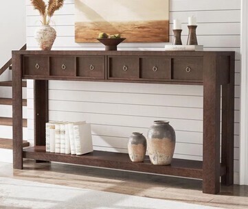 Loon Peak 59 in Long Console Table, Wooden Entryway Table with 2 Drawers & Open Storage Shelf, Sofa Table Behind Couch New in Box $399