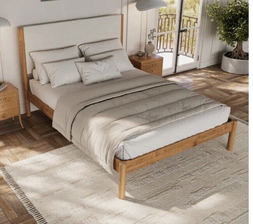 Ebern Designs Ardin King Solid Wood Bed Frame With Cream Boucle Upholstered Headboard New Open Box $1499