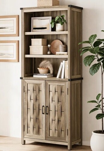 Rosalind Wheeler 72" Farmhouse Storage Cabinet with Wood Doors & Adjustable Shelves in Brown New Shelf Pull $499