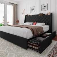 iPormis King Bed Frame with 4 Storage Drawers, Upholstered Platform Bed Frame with Type-C & USB Ports, Wingback Storage Headboard, Solid Wood Slats, No Box Spring Needed,New in Box $399