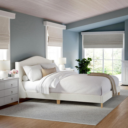 Martha Stewart Amelia Platform Bed with Curved Headboard and Cushioned Side Rails, Boucle Upholstery, Wood Slat Foundation, No Box Spring Needed, King, Off-White Boucle New in Box $999