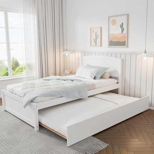 TOLEAD Daybed with Trundle, Twin Size Pull Out Bed, Solid Wood Extendable Day with Trundle Bed Twin, Include Slat Support (White, Trundle) New in Box $399