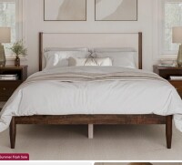 Wade Logan Besan King Size Solid Wood Boucle Upholstered Headboard Bed Frame in Walnut Cream Boucle New in Box $1299