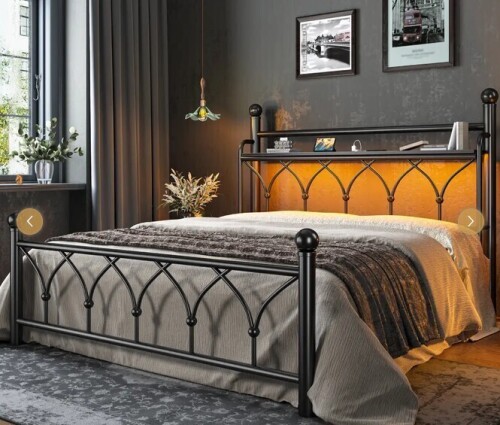 Snhomee King Size LED Metal Bed Frame with Headboard, Charging Station, Storage Shelf, Noise-Free Design, and 882lb Weight Capacity-Black New in Box $499