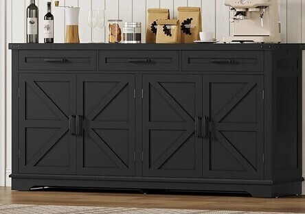 Usikey Buffet Cabinet, 61&rdquo; Large Sideboard Buffet Storage Cabinet with 3 Drawers, Farmhouse Coffee Bar with 4 Doors, for Kitchen, Living Room, Black New Open Box $399
