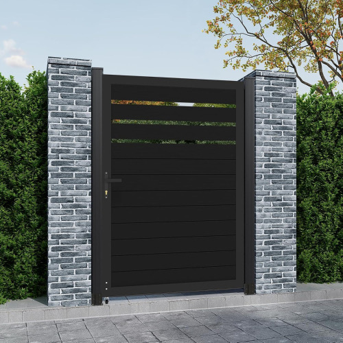 Mondaria Semi-Privacy Aluminum Fence Gate, 6ft H x 4ft W &ndash; Outdoor Decorative Gate with Metal Frame & Knob Kit, Posts Not Included New in Box $899