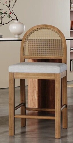 Laurel Foundry Modern Farmhouse Judd 24.50'' Seat Height Modern Rustic Rubberwood Counter Stools With Upholstered Seat And Handwoven Rattan Back New in Box $399