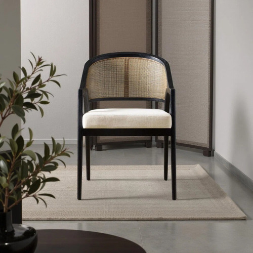 One Allium Way Aliha 19'' H Foam Padding Upholstered Cane Back Side Chair, Black Frame, Beige Linen, New in Box $699