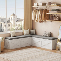 Latitude Run L-Shaped Corner Bench With Storage, Breakfast Nook Bench With Gray Cushions, White, New in Box $499