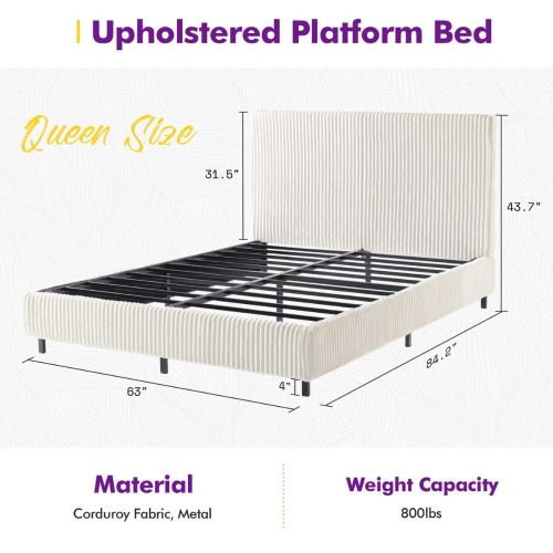 Latitude Run Queen Size Modern Upholstered Bed Frame with Vertical Corduroy Headboard, Cream, New in Box $299