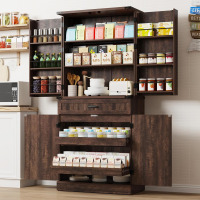 ONBRILL 71" Tall Kitchen Pantry Cabinet with 3 Drawers, Farmhouse Storage Cabinet with 6 Barn Door Shelves, with Load-Bearing Steel Pipe and Adjustable Shelves, Pantry Organizer, Brown, New in Box $599