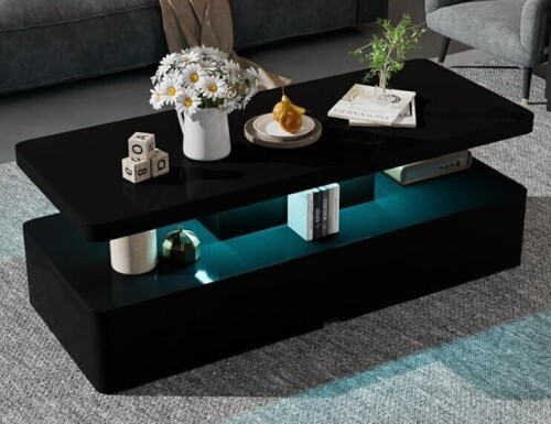 YISUFO 40" Modern Living Room Tables, LED Coffee Table with LED Lights, 2 Tier Rectangular Center Table with Large Storage, High Glossy Surface, Tea Table for Living Room, Black New Shelf Pull $299