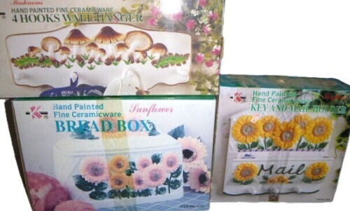 Hand Painted Sunflower Ceramic Bread Box / Hand Painted Sunflower Ceramic Key and Mail Holder / Assorted New In Box
