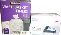 Kirkland Signature 10 Gallon Clear Wastebasket Liner, 500 Count / Simply Essential 11.8 Gallon Trash Can Liners, 60 Count New In Box Assorted