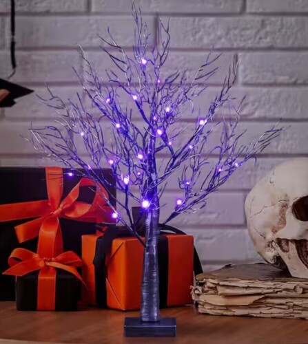 Lightshare 26 in. Halloween Willow Bonsai with 20 LED Purple Lights, Plug in or Battery / Glitzhome 20 in. H Lighted Pink Halloween Berries Table Tree New In Box Assorted $79