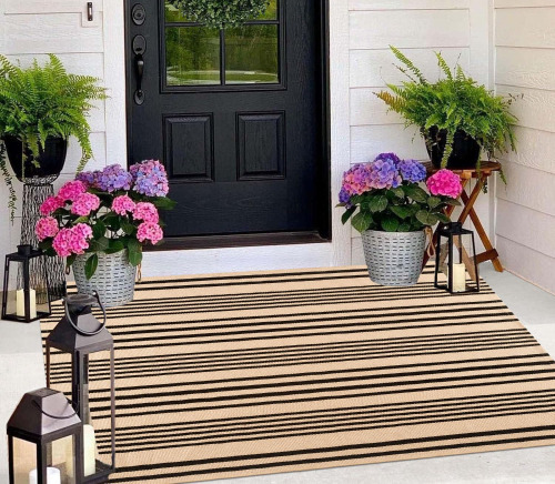 BUAGETUP Outdoor Rug 8'x 10', Tan Striped Washable Area Rug Hand-Woven Cotton Rug Indoor/Outdoor Area Rug Floor Mat for Farmhouse Living Room Bedroom Similar to Picture New $299