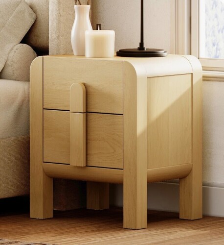 Ebern Designs Adora Modern Wood Nightstand With 2 Drawers, Curved Mid-Century End Table With Built-In Charging Station For Bedroom, Living Room, Entryway New in Box $399