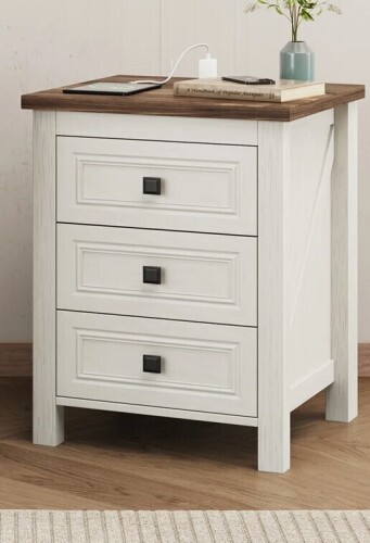 Lark Manor&trade; Valera 18"W Nightstand with Charging Station and Outlets, Farmhouse End Table with 3 Drawers New In Box $299