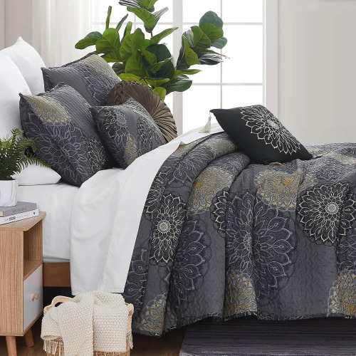 Southshore Fine Living, Inc. 6-Piece King/Cal-King Quilt Bedding Set Soft Fabric, Midnight Floral Black New In Box $299
