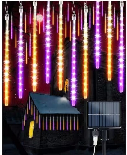 OGETFUUR Orange and Purple LED Halloween Light Bulb (20-Pack), 480 LED Meteor Shower Icicle Raindrop Lights with Timer Function / OGETFUUR 6W 24 Voltage Color Changing LED Halloween Projector Spotlight with Remote (4-Pack), 4-Dynamic Color Changing Modes 