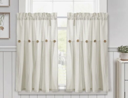 Lush Decor Linen Button Cotton Blend Tailored Cafe Curtain (Set of 2), 36" x 29" New $79