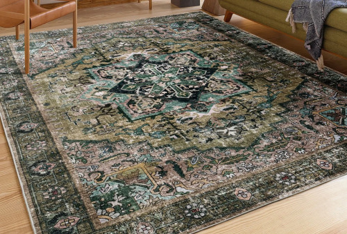 Bungalow Rose Persian-Style Machine Washable Area Rug with Non-Slip Backing &ndash; Green Floral, 5' x 8' New $199