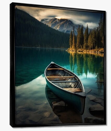 Breakwater Bay Canoe On Blue Forest Mountain Lake - Boat Wall Art Print, 36" x 48" New In Box $199